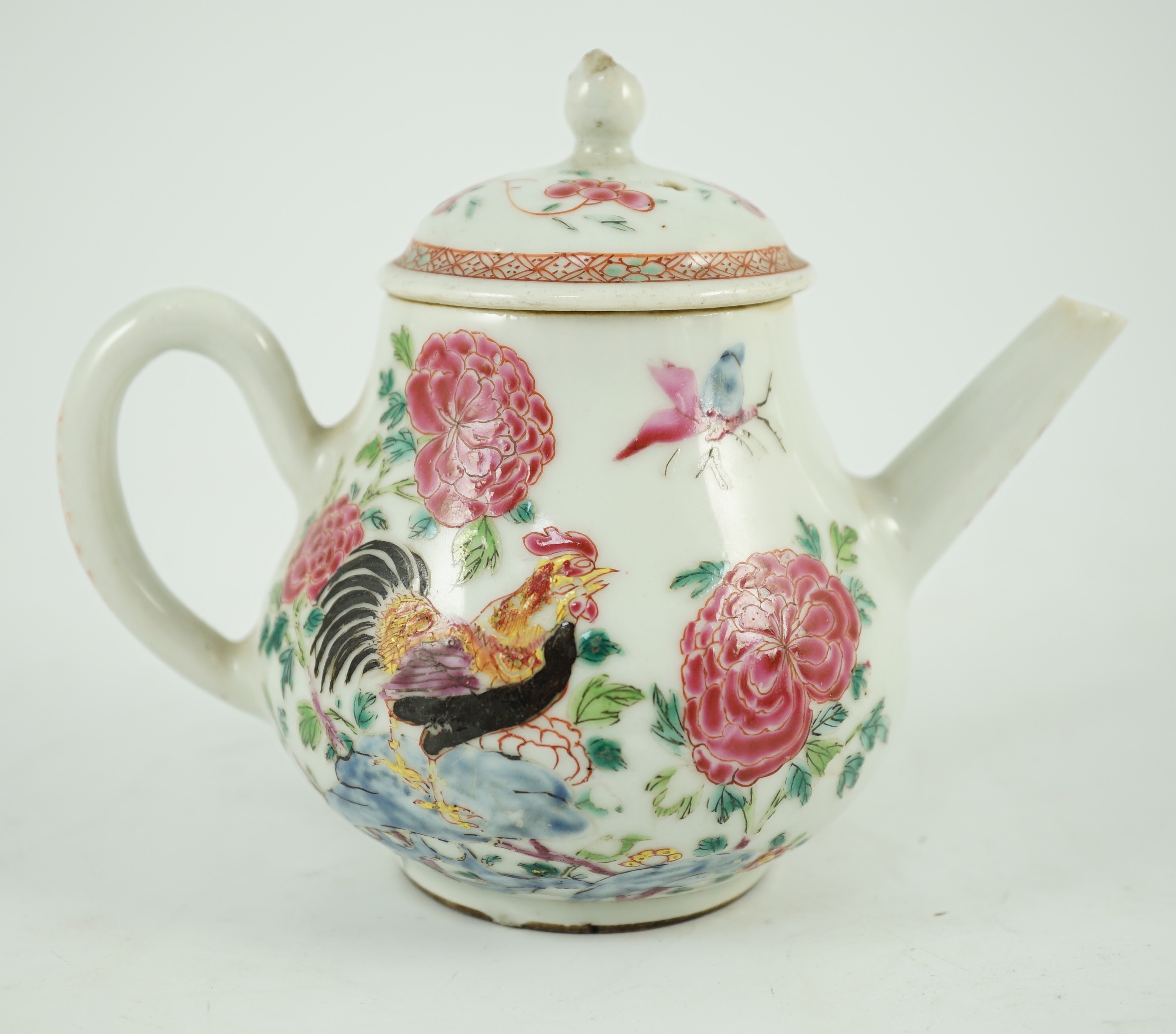 A Chinese famille rose ‘cockerel’ teapot, Yongzheng period, 12 cms high, 11.5cm high